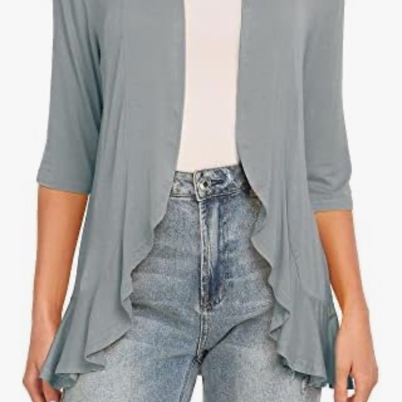 Women's Open Front Cardigan Jersey 3/4 Sleeves Dove Gray New With Tags Waterfall - Picture 7 of 16